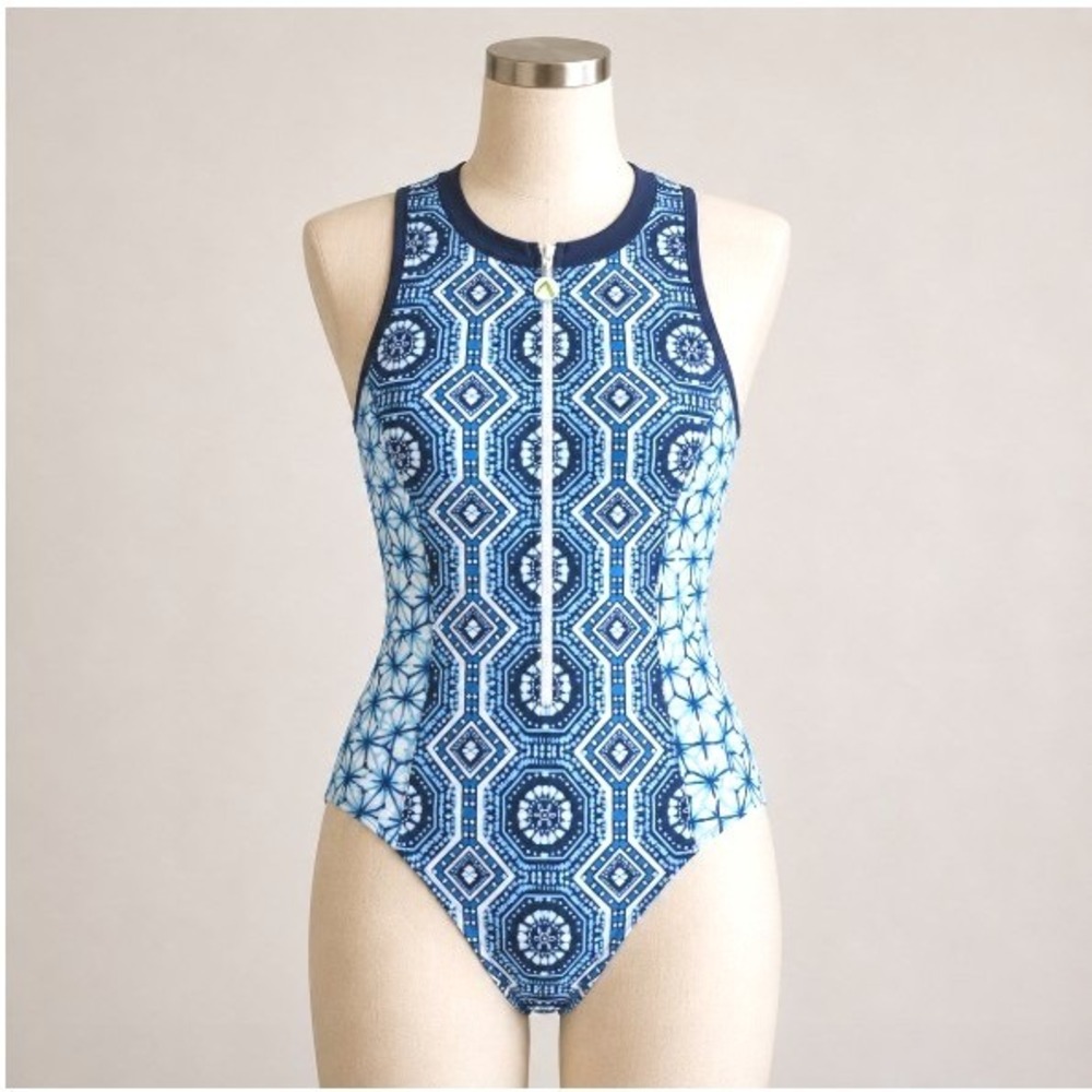 Next by Athena Women's Blue Geometric Pattern Front Zip UPF 50 Tank Swimsuit S